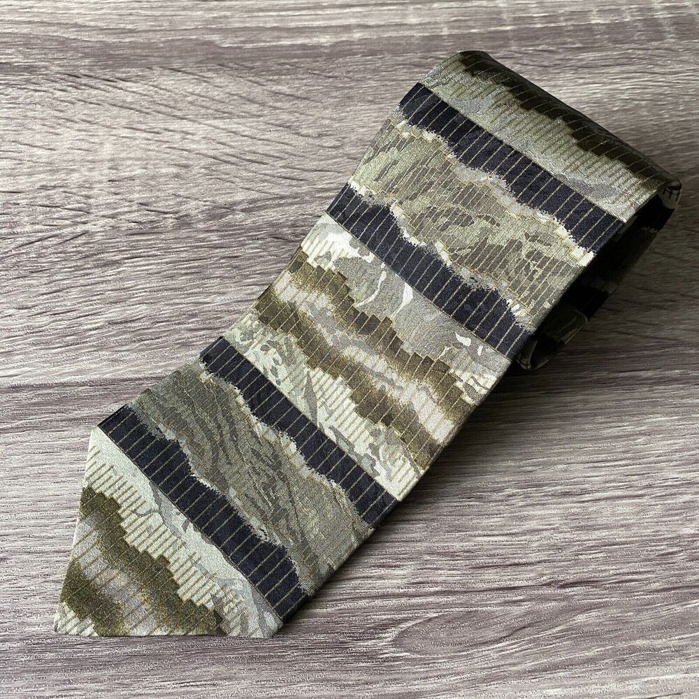 J. Ferrar Men's Necktie Silk Green Olive Artsy Abstract Satin Made in USA 56 x 4